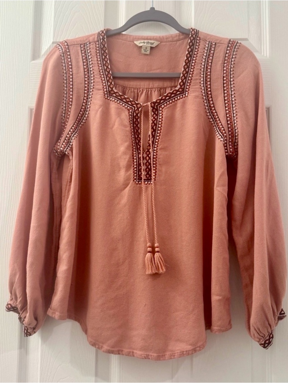 Lucky Brand Embroidered Tassel Boho Peasant Blouse Dusty Rose Size Small